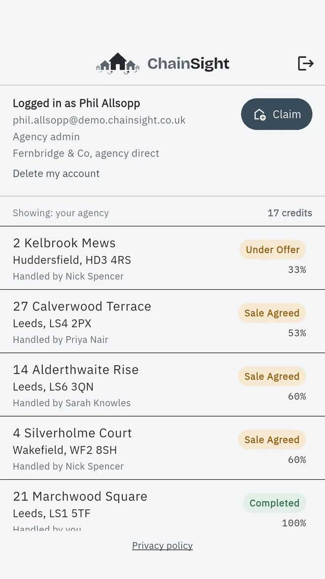The ChainSight app: an agent's list of properties, each with its status, its progress and who is handling it, under a Logged in as block with a Claim button and the credit balance.
